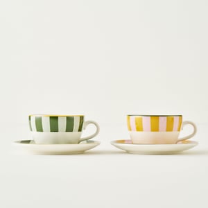 Line Porcelain Tea Cup Set (2 Pieces) - Green-Orange