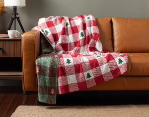 QE Home Chenille Jacquard Throw in Evergreen Check, Seasonal, Red