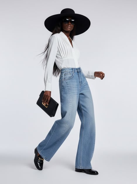 Elegant Wide-Leg Denim Trousers with Structural Paneling • BYMANYC ® New York