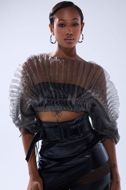 AKIRA Sheer Pleated Crop Top | Grey | Size 1X/2X