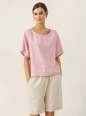 100% Linen Round Neck Back Opening Top URIELLE - Rosa / XXL