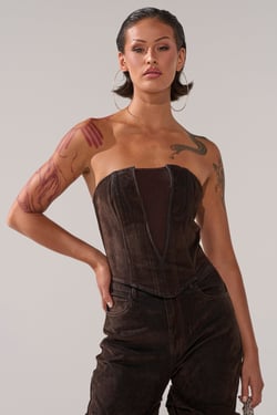 AKIRA Oh Baby Velvet Denim Corset Top | Brown | Size 1X