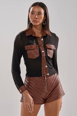AKIRA Galaxy Mesh Button Down With Faux Leather Trim Top | Black | Size 1X