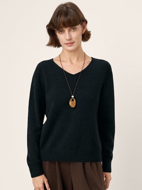 100% Mongolian Cashmere V-Neck Pullover Sweater PIPER - Charcoal Black / L