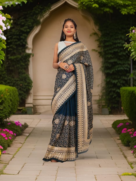 Designer Saree with Stone & Heavy Zari Work Embroidery Work by Shreekama