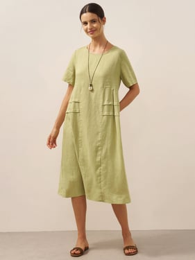 100% Linen Pleated Crew Neck Midi Dress MILA - Sage Apple / XXL
