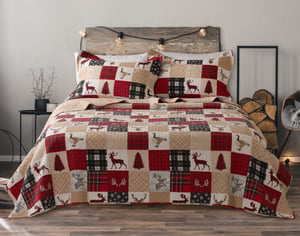 QE Home North Wood Cotton Quilt Set, Patchwork, Red, Super King