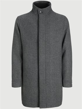 Jack & Jones Keith Wool Blend Stancollar Coat - Dark Grey - S