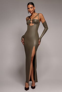 Goddiva Faux Leather Cut Out Maxi Dress - Khaki