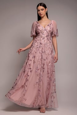 Goddiva Flared Sleeve Embroidered Maxi Dress - Blush