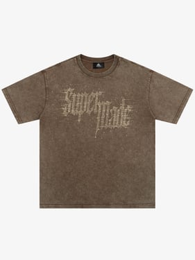 Washed Gothic Letter Imitation Diamond T-Shirt - Coffee / 2XL