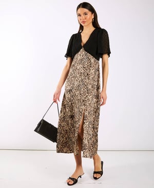 Animal Satin Mix Flutter Sleeve Midi Dress - 20