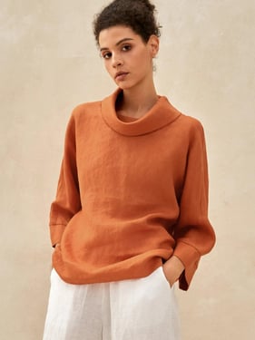 100% Linen Dropped Collar Long-Sleeve Top TRISTAN - Sun Orange / XXL