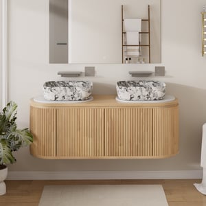 59" Freestanding Bathroom Vanity Set with Double Cultured Marble Sinks Natural