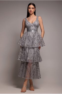 Goddiva Embroidered Mesh Tiered Midi Dress - Gray