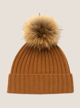 100% Cashmere Rib-Knit Slouchy Beanie With Pom-Pom - Caramel / One Size