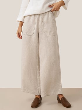 100% Linen Pocket Wide Leg Pants THALIA - Natural Melange / XXL