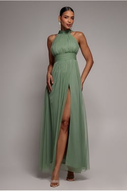 Goddiva Halter Neck Mesh Tie Maxi Dress - Dusty Sage