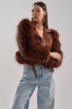 AKIRA Spend It All Fur Trim Moto Jacket | Brown | Size XL