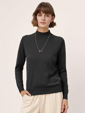 100% Extra-Fine Merino Wool Crew Neck Ribbed Knit Sweater CASSIA - Charcoal Black / XXL