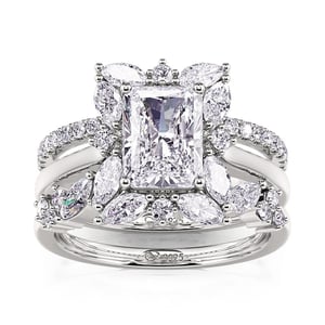 Jeulia Floral Halo Engagement Ring Set 3PC Radiant Cut Sterling Silver
