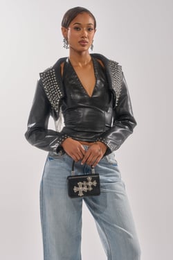 AKIRA Naomi Embellished Ultra Crop Moto Jacket | Black | Size Medium