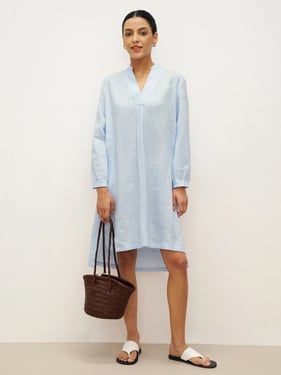 100% Linen V-Neck Pullover Shirt Dress JADEN - Ice Blue / XXL