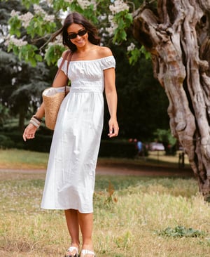 White Cotton Shirred Bardot Midi Dress - 20