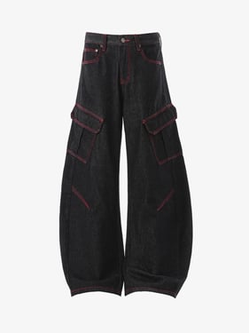 Retro Red Contrast Stitching Pocket Barrel Jeans - Black / 2XL