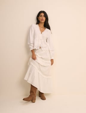 White Embroidered Tie Front Jersey Blouse
