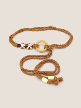 Linen Woven Belt With Wooden Beads - Camel / One Size