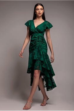 Goddiva Jacquard Chiffon Wrap High Low Midaxi Dress - Emerald Green