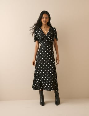 Black Polka Dot Atlas Midi Dress
