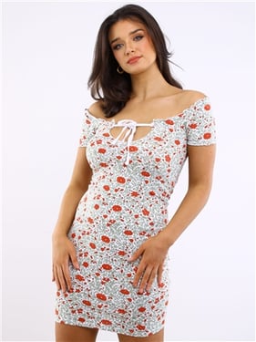 Daisy Street Milkmaid Style Ruched Mini Dress - Ditsy Print - 8