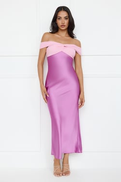 Luxe And Lavish Off Shoulder Satin Maxi Dress Purple