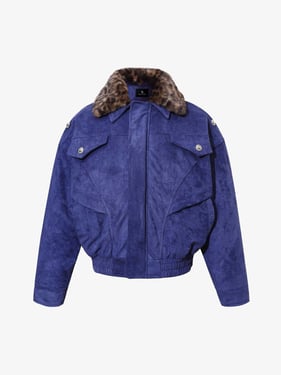Retro Leopard Fur Collar Padded Bomber Jacket - Royal Blue / XL