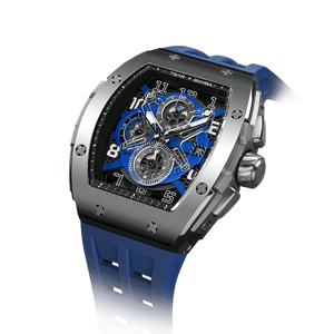 TSAR BOMBA Men's Luxury Quartz Chronograph Watch | Silver Blue | Tonneau Stainless Steel Case | Sapphire Glass | 50M Waterproof Sport Wristwatch | Elemental TB8211Q