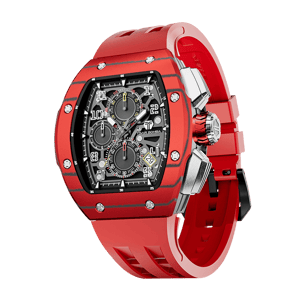 TSAR BOMBA Men's Quartz Watch | Red | Atomic TB8214 | Carbon Fiber Bezel | Luxury Sport Watch | 50M Waterproof Sapphire Glass FKM Rubber Strap
