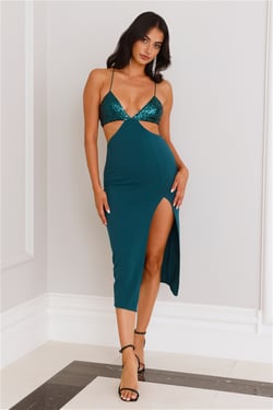 Bask In The Night Sequin Midi Dress Green