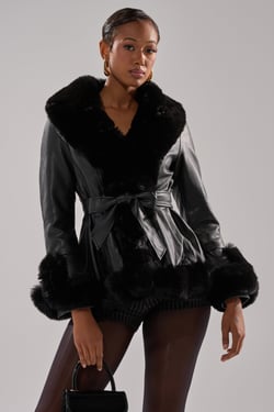 AKIRA Kenzy Fur Trim Peplum Moto Jacket | Black | Size XL