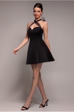 Goddiva Scuba & Polka Mesh Bella Bow Multiway Skater Mini Dress - Black