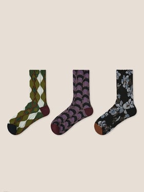 Long-Staple Cotton 3-Pair Floral Embossed Slouch Mid-Calf Sock Set - Misty Peak / One Size