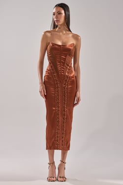 AKIRA Woah Baby Satin Midi Dress In Chocolate | Brown | Size 2X