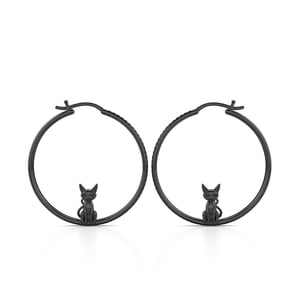 Jeulia "Death Witness" Black Cat Sterling Silver Hoop Earrings
