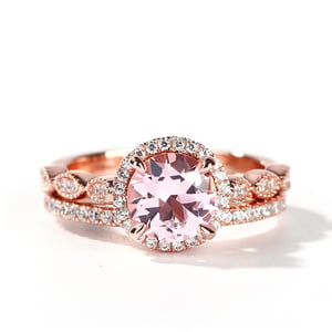 Jeulia Halo Milgrain Round Cut Synthetic Morganite Sterling Silver Ring Set