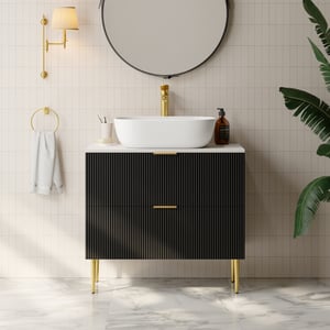 31.5'' Black Single Fluted Bathroom Vanity with Vessel Sink and 2 Drawers
