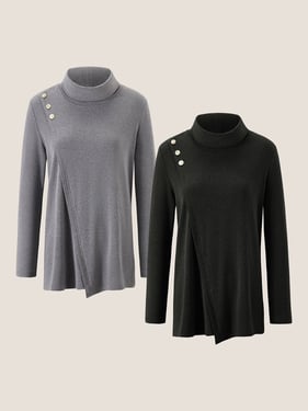 Lenzing Modal® Mock Neck Buttoned Stretch Top ZARIA - Neutral Grey/Charcoal Black / XXL