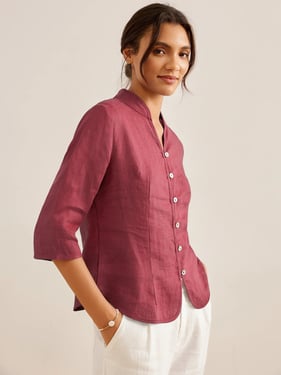 100% Linen Hand Button Fitted Jacket AMELIA - Ancora Red / M