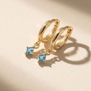 Tiny Aquamarine March Birthstone Dangle Rook Hoops