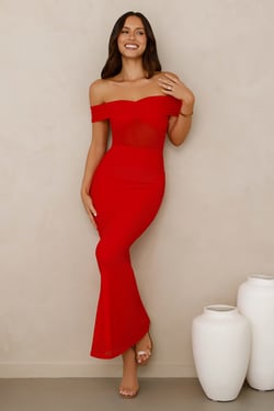 Swan Song Off Shoulder Mesh Maxi Dress Red